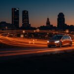Robotaxi autónomo circulando por una calle moderna de Madrid, representando el futuro de la movilidad urbana y las oportunidades para startups tech.