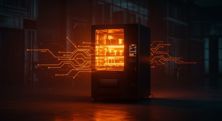 Máquina expendedora automática de Mandale Pizzas, representando la innovación en foodtech y automatización en Argentina.