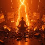 Emprendedor en estado de reflexión y calma frente a una tormenta de datos digitales, representando la gestión del estrés y la salud mental en startups.