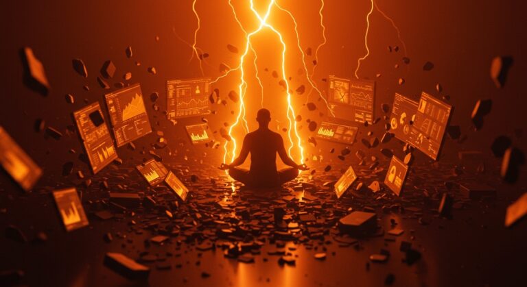Emprendedor en estado de reflexión y calma frente a una tormenta de datos digitales, representando la gestión del estrés y la salud mental en startups.