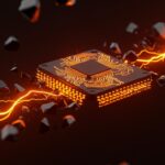 Representación conceptual de la guerra de chips y el MATCH Act con semiconductores y flujos de datos en naranja y negro.