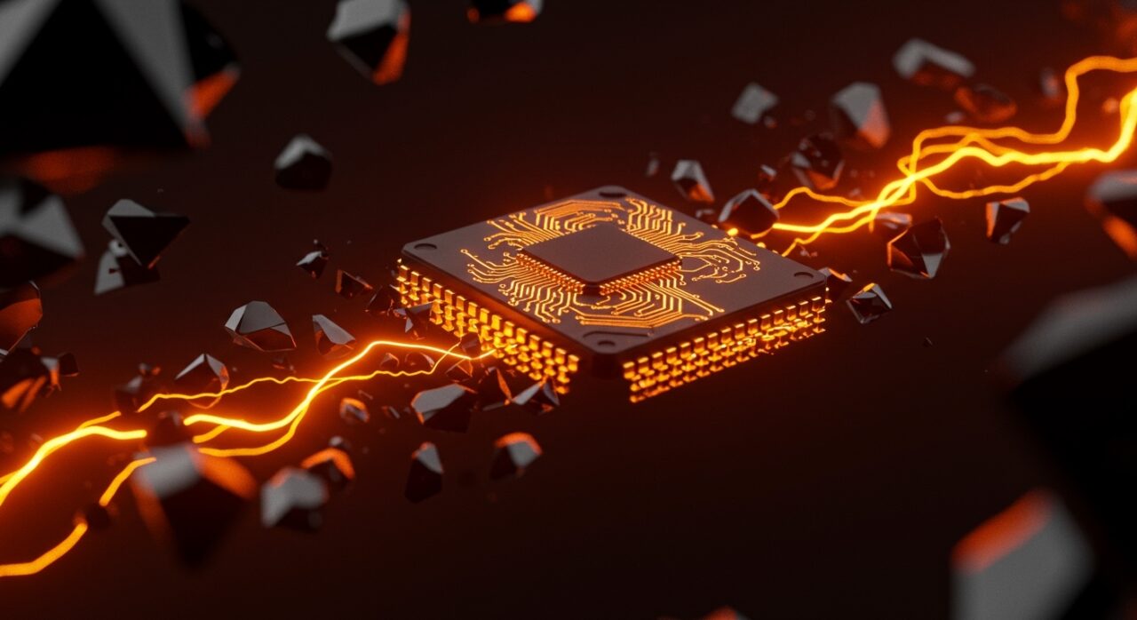 Representación conceptual de la guerra de chips y el MATCH Act con semiconductores y flujos de datos en naranja y negro.
