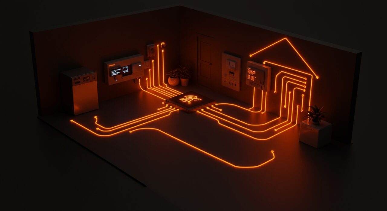 Hogar inteligente conectado a red eléctrica mediante protocolos Matter y OpenADR para eficiencia energética y ahorro de luz.