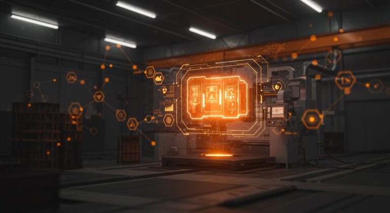 Planta industrial con gemelos digitales y automatización para mantenimiento predictivo en la industria 4.0.