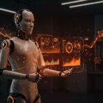 Humanoide robot futurista con interfaz holográfica, simbolizando la adquisición de Assured Robot por Meta y la innovación en sistemas operativos para robots en 2026.