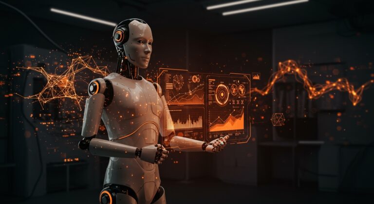 Humanoide robot futurista con interfaz holográfica, simbolizando la adquisición de Assured Robot por Meta y la innovación en sistemas operativos para robots en 2026.