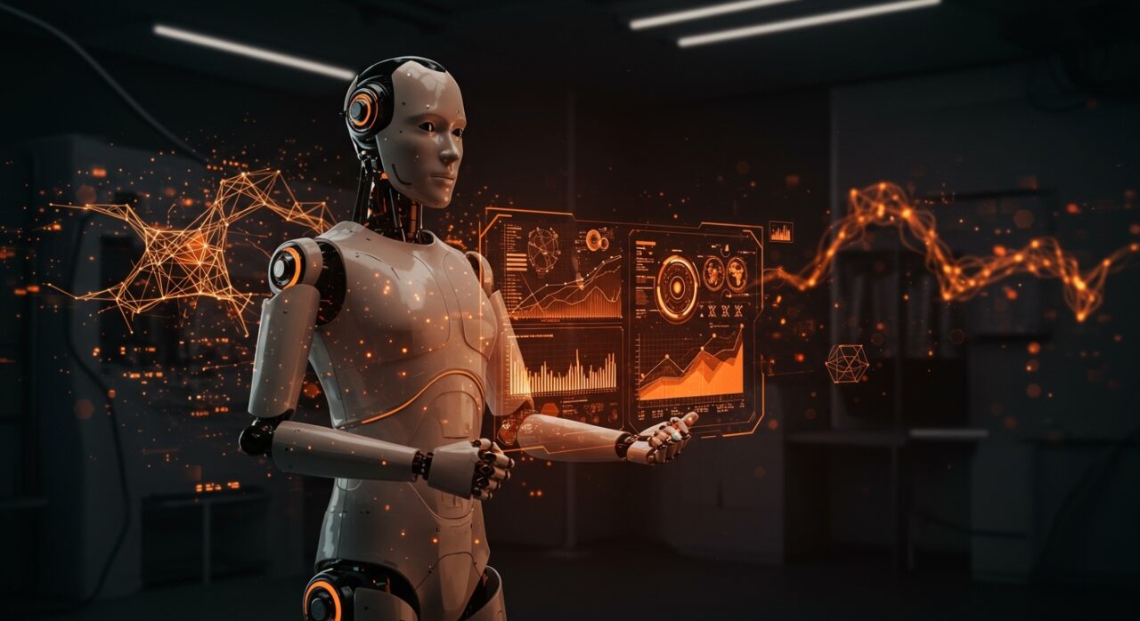 Humanoide robot futurista con interfaz holográfica, simbolizando la adquisición de Assured Robot por Meta y la innovación en sistemas operativos para robots en 2026.