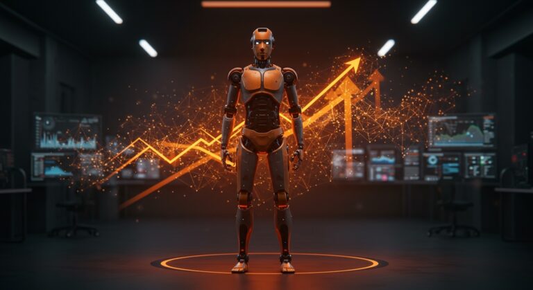 Robot humanoide futurista en laboratorio tecnológico representando la adquisición de startup de robots humanoides por Meta y el crecimiento del mercado robótico en 2026.