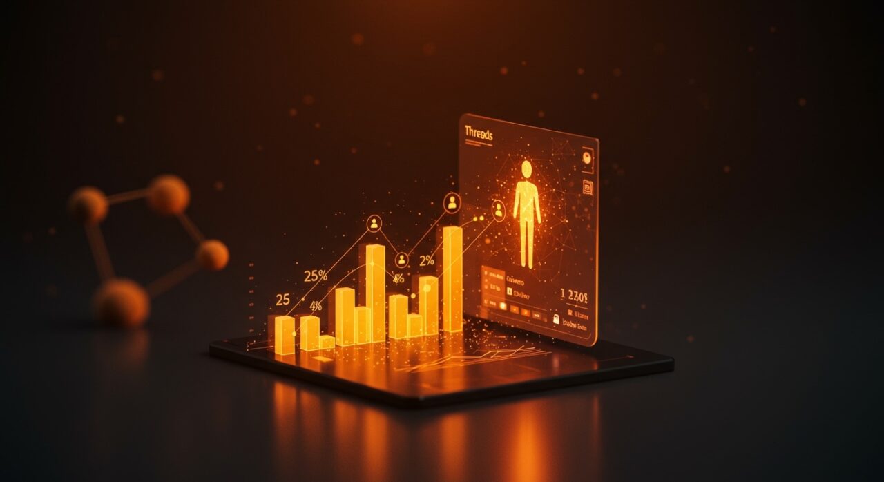 Representación conceptual de Meta AI en Threads para startups, mostrando crecimiento de engagement y automatización de contenido.