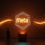 Fundador observando inversión récord en inteligencia artificial de Meta con holograma y redes neuronales en ecosistema startup.