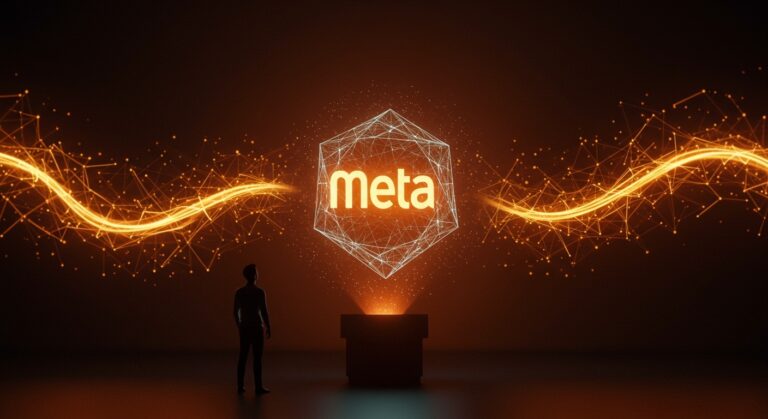 Fundador observando inversión récord en inteligencia artificial de Meta con holograma y redes neuronales en ecosistema startup.