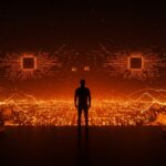 Founder frente a un horizonte digital iluminado en tonos naranja y negro que representa la inversión de Meta en inteligencia artificial para startups hispanohablantes.