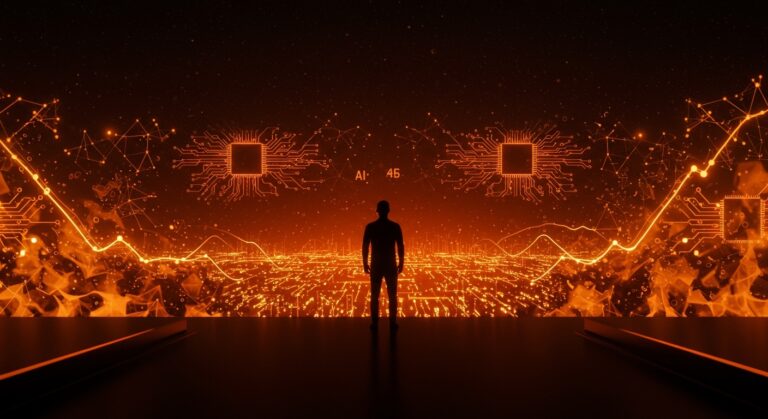 Founder frente a un horizonte digital iluminado en tonos naranja y negro que representa la inversión de Meta en inteligencia artificial para startups hispanohablantes.