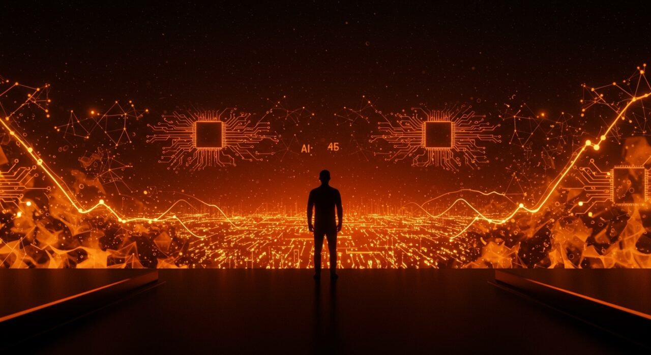 Founder frente a un horizonte digital iluminado en tonos naranja y negro que representa la inversión de Meta en inteligencia artificial para startups hispanohablantes.