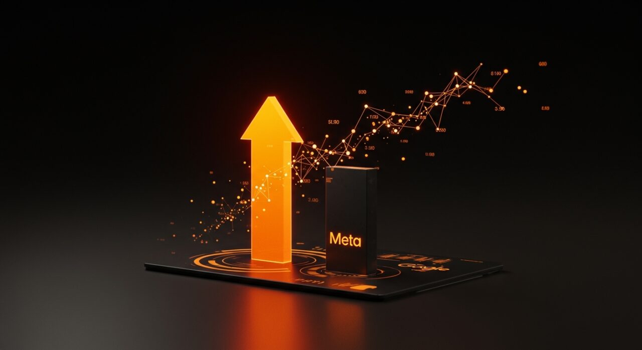 Gráfico conceptual de crecimiento publicitario de Meta superando a Google, representando la evolución de la publicidad digital para startups.