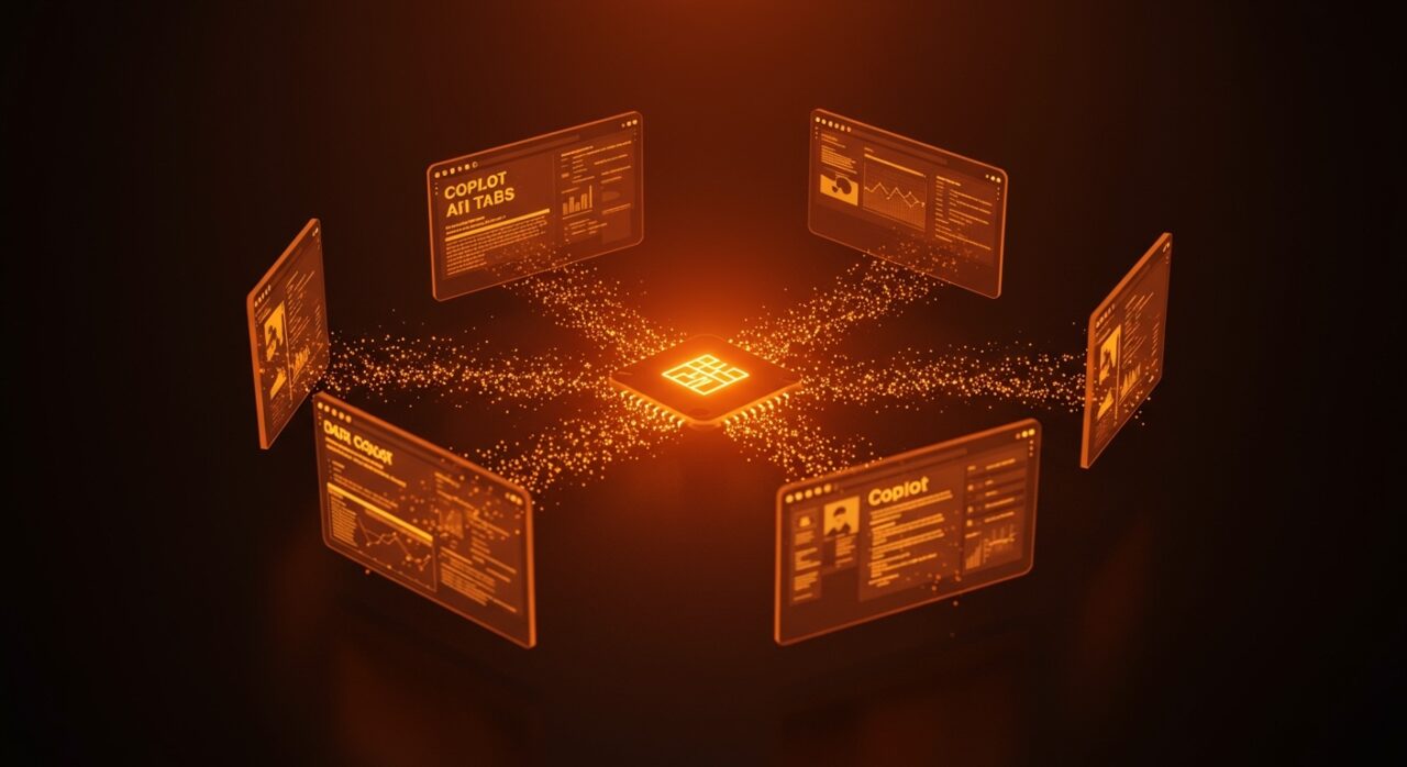 Representación visual de Microsoft Edge Copilot analizando múltiples pestañas de navegación para productividad y research competitivo de startups.