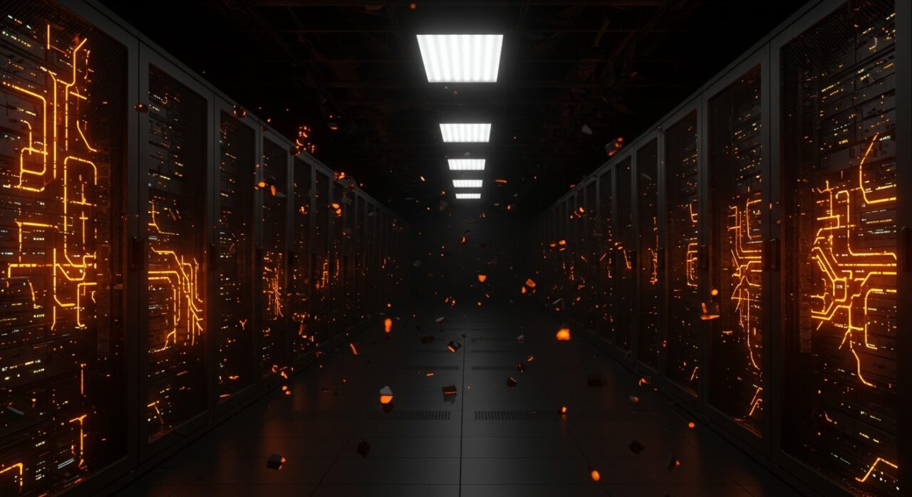 Centro de datos futurista con fallas de energía, representando el desafío de infraestructura para la expansión de Microsoft Azure en Kenia.