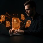 Emprendedor usando Microsoft Legal Agent para automatizar contratos con inteligencia artificial en una startup hispana.