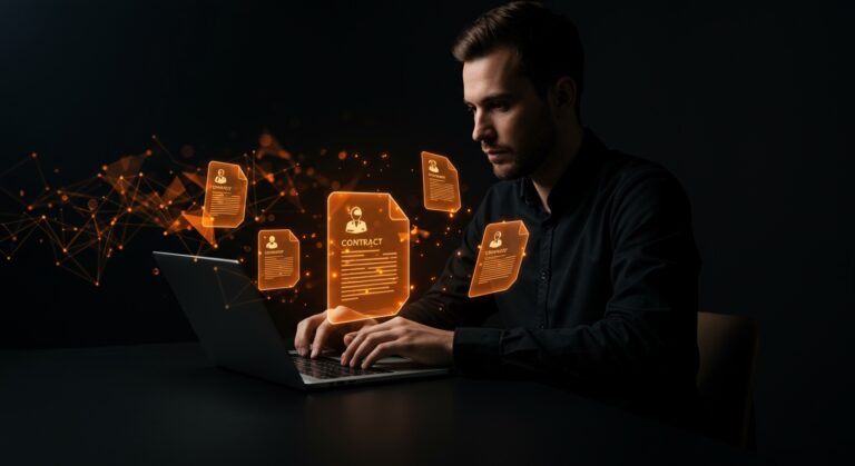 Emprendedor usando Microsoft Legal Agent para automatizar contratos con inteligencia artificial en una startup hispana.
