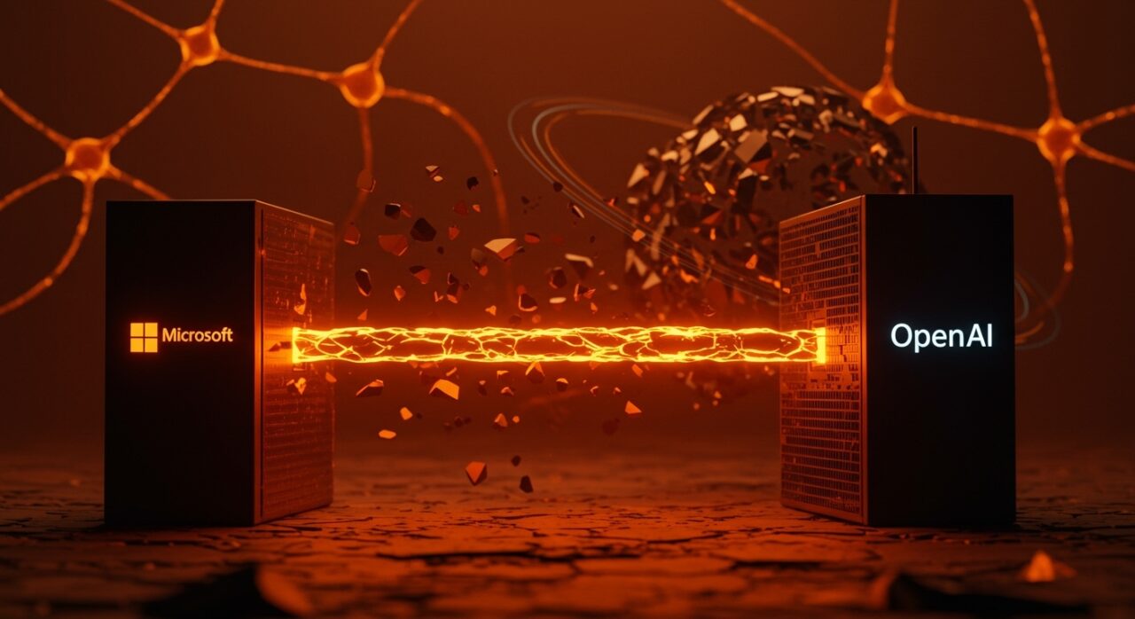 Representación visual de la alianza estratégica entre Microsoft y OpenAI con elementos de inversión masiva e inteligencia artificial en colores naranja y negro.