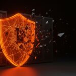 Escudo digital naranja protegiendo la infraestructura de una startup contra vulnerabilidades y ataques zero-day de Microsoft.