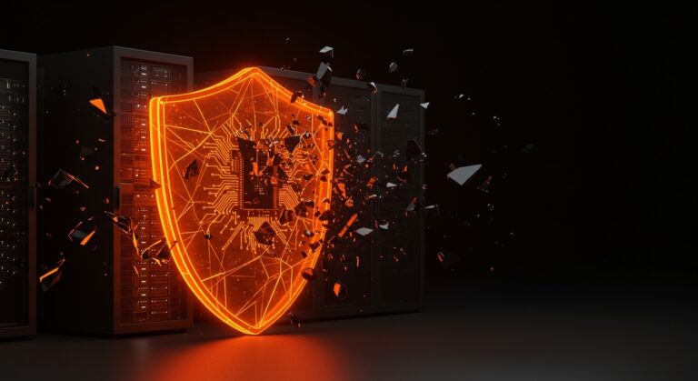 Escudo digital naranja protegiendo la infraestructura de una startup contra vulnerabilidades y ataques zero-day de Microsoft.