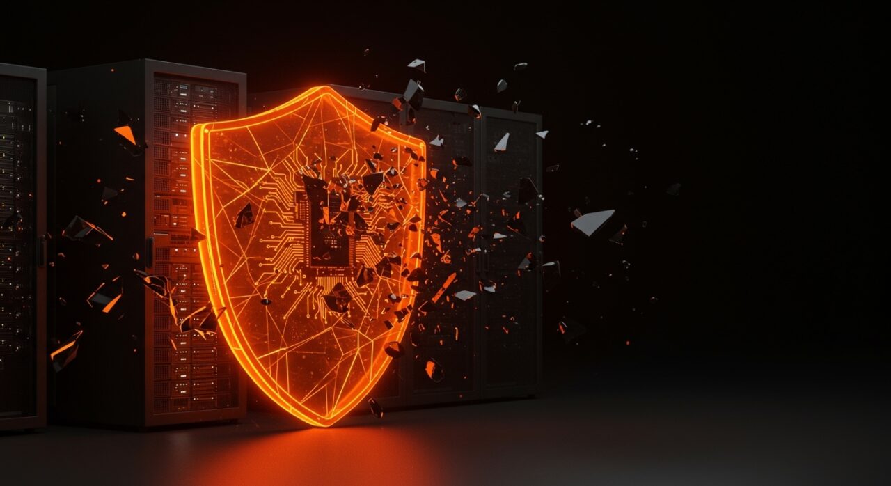 Escudo digital naranja protegiendo la infraestructura de una startup contra vulnerabilidades y ataques zero-day de Microsoft.