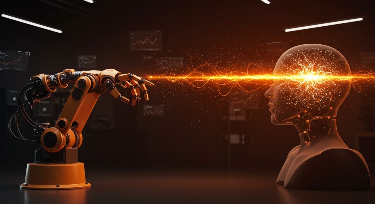 Robot industrial avanzado en tonos naranja y negro representando el funding de Mind Robotics y la sinergia entre hardware e IA.