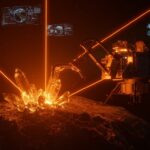 Sonda de minería espacial extrayendo minerales de un asteroide con tonos naranja y negro, representando la industria DeepTech y AstroForge.