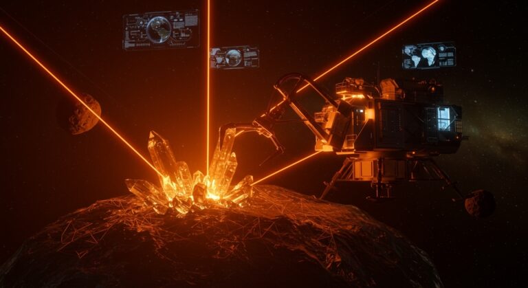 Sonda de minería espacial extrayendo minerales de un asteroide con tonos naranja y negro, representando la industria DeepTech y AstroForge.