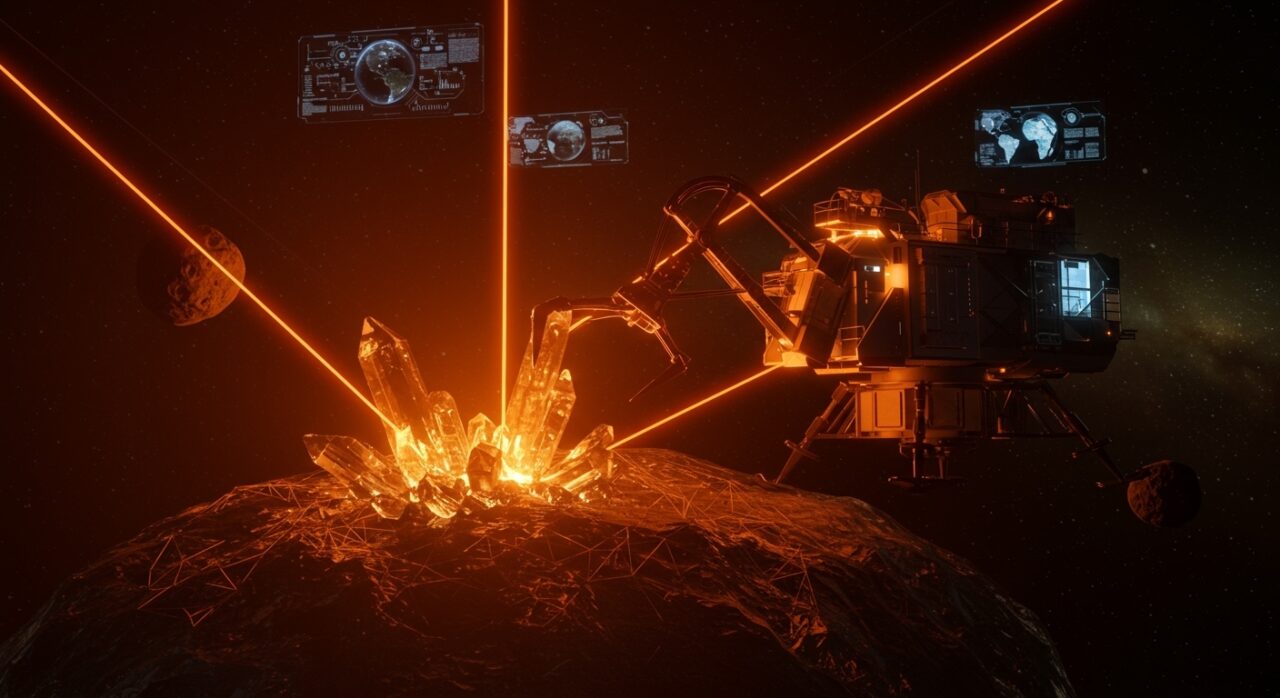 Sonda de minería espacial extrayendo minerales de un asteroide con tonos naranja y negro, representando la industria DeepTech y AstroForge.