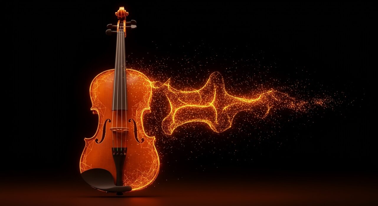 Violín virtual y gemelo digital del MIT, representando la simulación física y la innovación en hardware para startups Deep Tech.