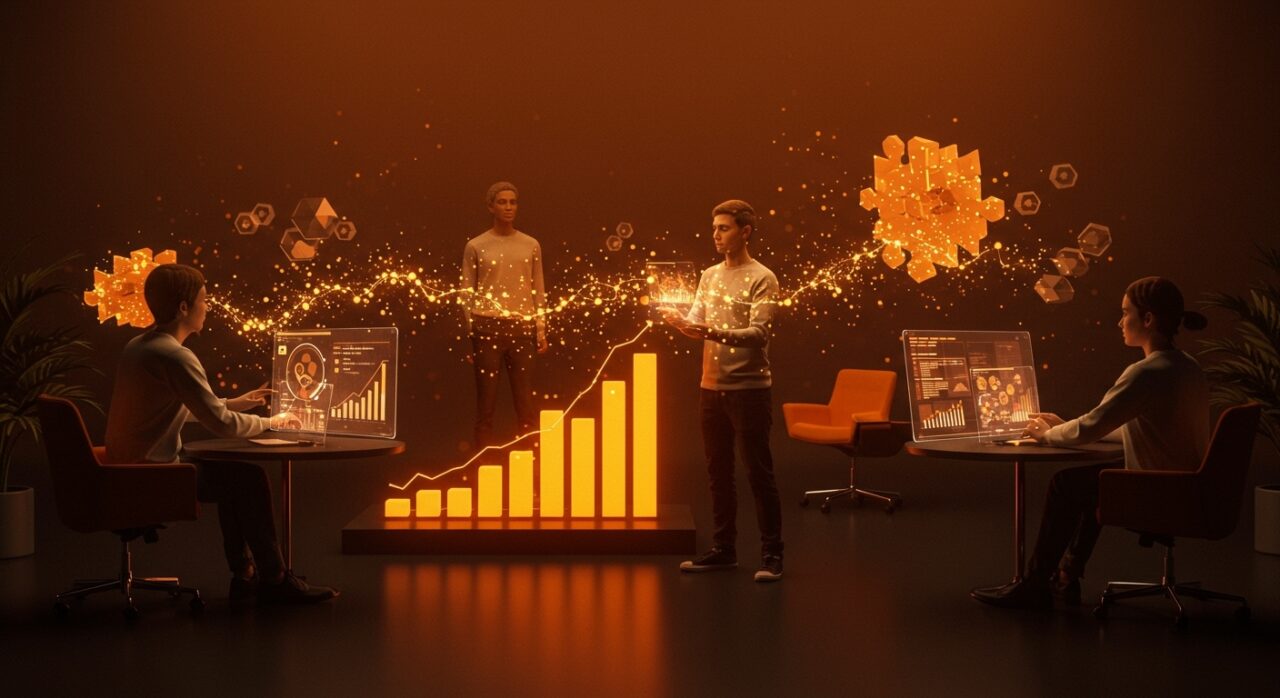 Representación visual de una comunidad de emprendedores potenciada por IA y modelo freemium, destacando el crecimiento y la gamificación.