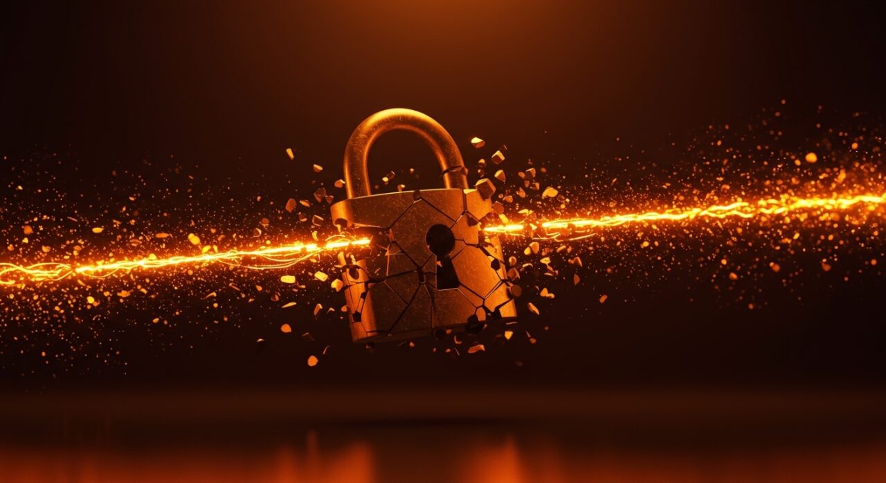 Símbolo de candado digital y flujo de datos en naranja y negro, representando la protección de privacidad y cumplimiento de GDPR para startups.