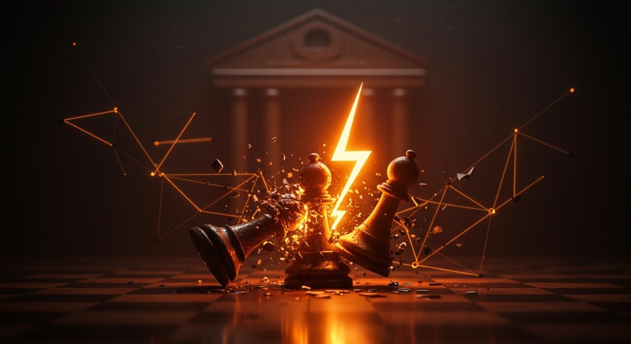 Representación conceptual de un conflicto legal entre Elon Musk y OpenAI sobre gobernanza de IA, con colores naranja y negro.