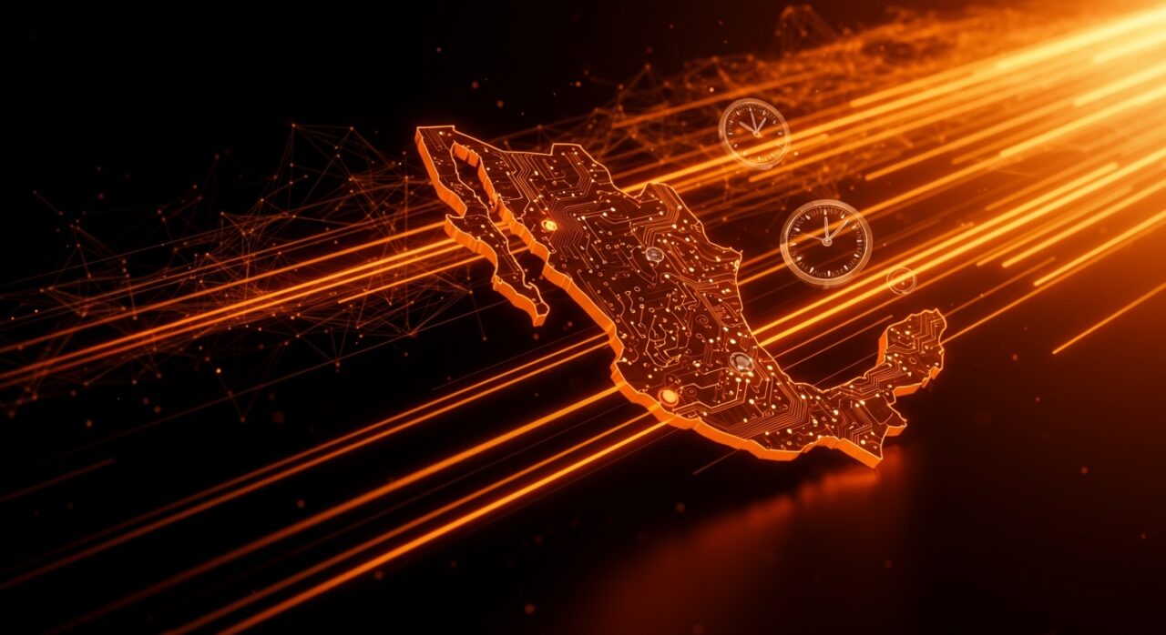 Representación conceptual del nearshoring en México con elementos de IA y desarrollo ágil para optimizar sprints de software.