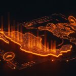 Representación visual del auge del nearshoring en México con flujos de inversión tecnológica y conexión horaria estratégica.