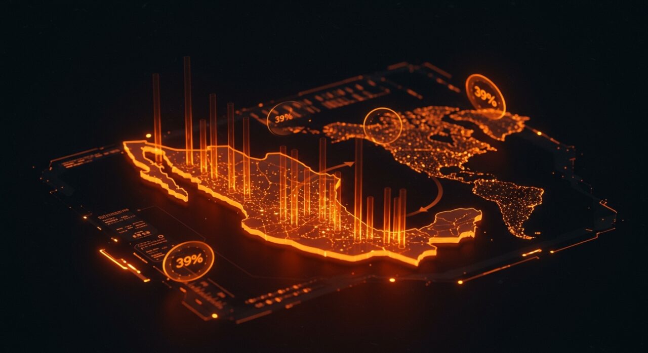 Representación visual del auge del nearshoring en México con flujos de inversión tecnológica y conexión horaria estratégica.