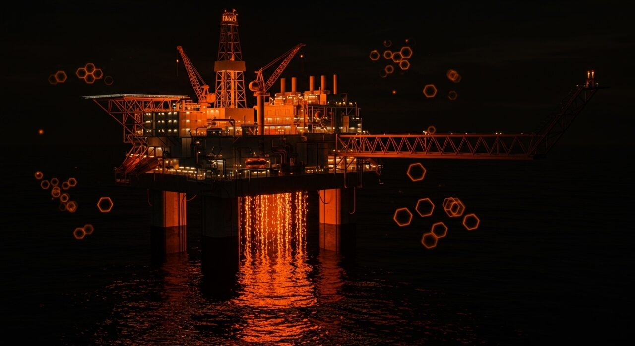 Instalaciones industriales de gas en Noruega con elementos tecnológicos de Climatech, representando la seguridad energética europea.