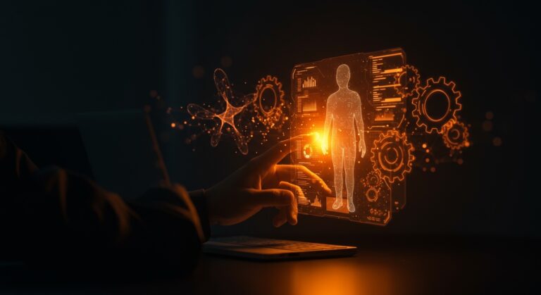 Representación conceptual de agentes de IA de Notion optimizando la productividad de una startup con colores naranja y negro.