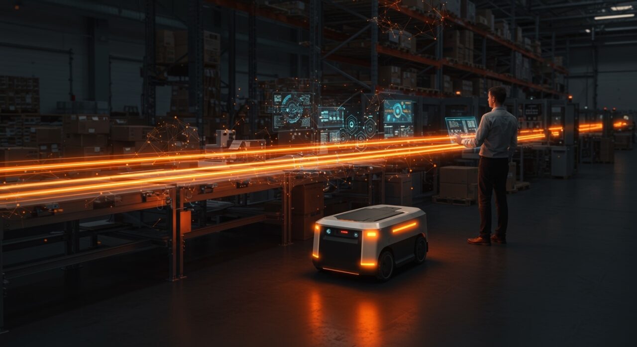 Automatización industrial con IA y robots móviles autónomos en el sector alimentario, representando la Industria 4.0.