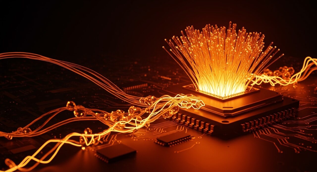 Representación conceptual de la inversión de Nvidia en Corning, destacando la infraestructura de conectividad óptica para inteligencia artificial y centros de datos.