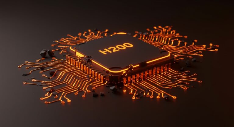 Chip NVIDIA H200 sobre un fondo tecnológico naranja y negro, simbolizando las restricciones de hardware de IA en China.
