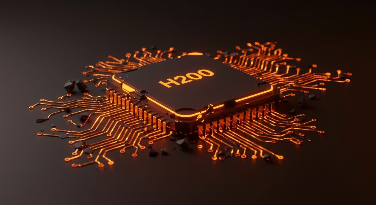 Chip NVIDIA H200 sobre un fondo tecnológico naranja y negro, simbolizando las restricciones de hardware de IA en China.