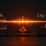 Representación futurista de una oficina con interfaces de voz e IA generativa para productividad en startups.