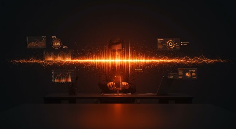 Representación futurista de una oficina con interfaces de voz e IA generativa para productividad en startups.