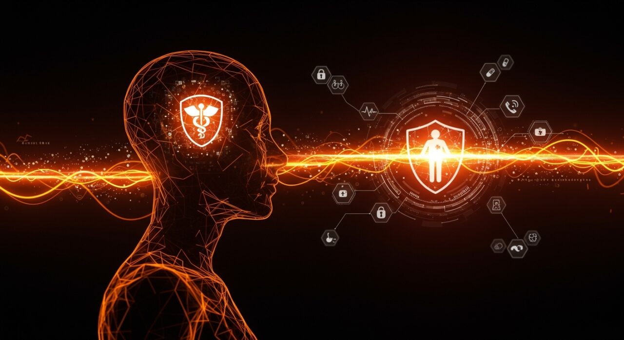 Representación conceptual de seguridad y ética en IA para startups de HealthTech y el sistema Trusted Contact de OpenAI.