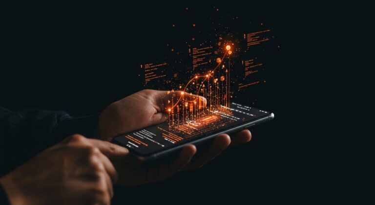 Desarrollador utilizando OpenAI Codex móvil para automatizar código y gestionar agentes de IA en un entorno futurista.