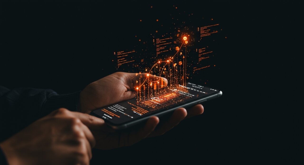 Desarrollador utilizando OpenAI Codex móvil para automatizar código y gestionar agentes de IA en un entorno futurista.