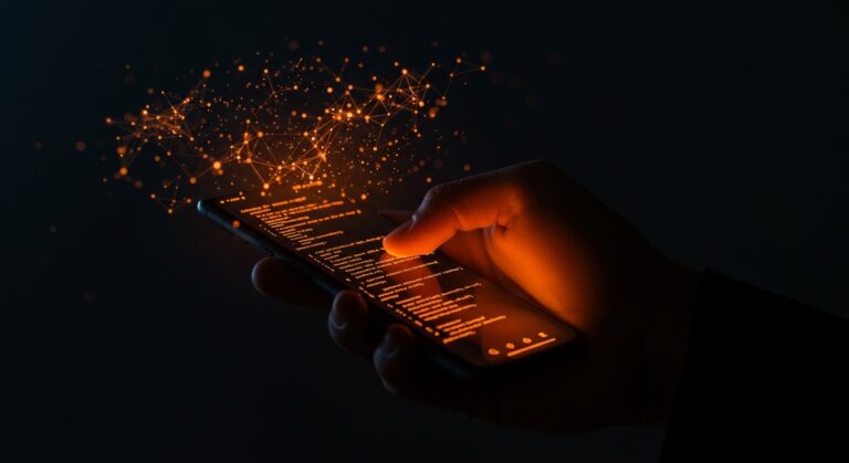 Desarrollador gestionando código con IA de OpenAI Codex desde un dispositivo móvil, simbolizando el trabajo remoto eficiente.
